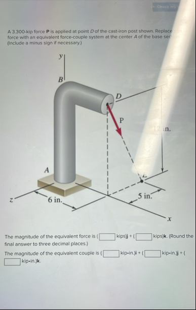 Solved A 3.300 -kip force P ﻿is applied at point D ﻿of the | Chegg.com