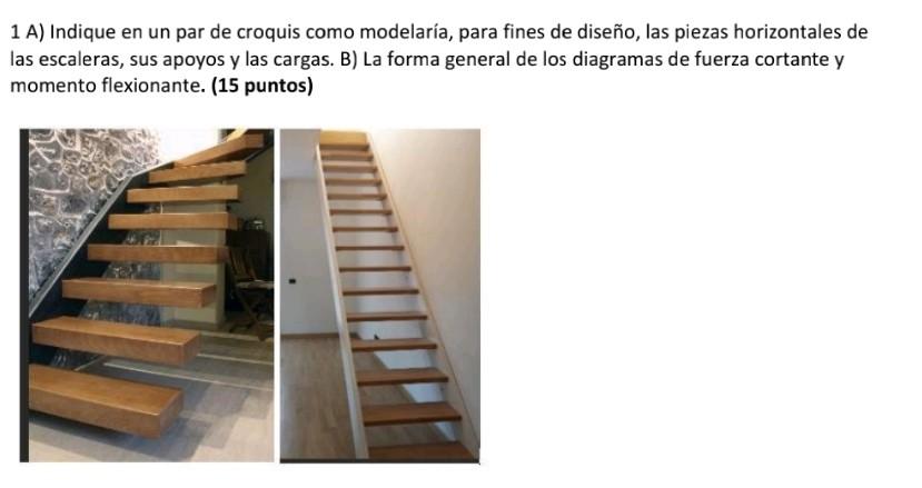 1 A) Indique en un par de croquis como modelaría, para fines de diseño, las piezas horizontales de las escaleras, sus apoyos