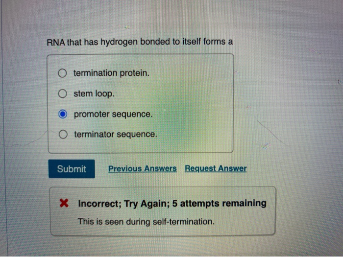 Solved RNA that has hydrogen bonded to itself forms a O