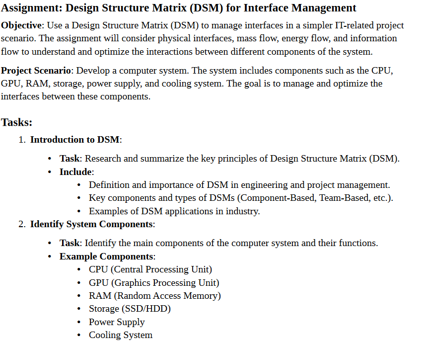 Solved Assignment: Design Structure Matrix (DSM) ﻿for | Chegg.com