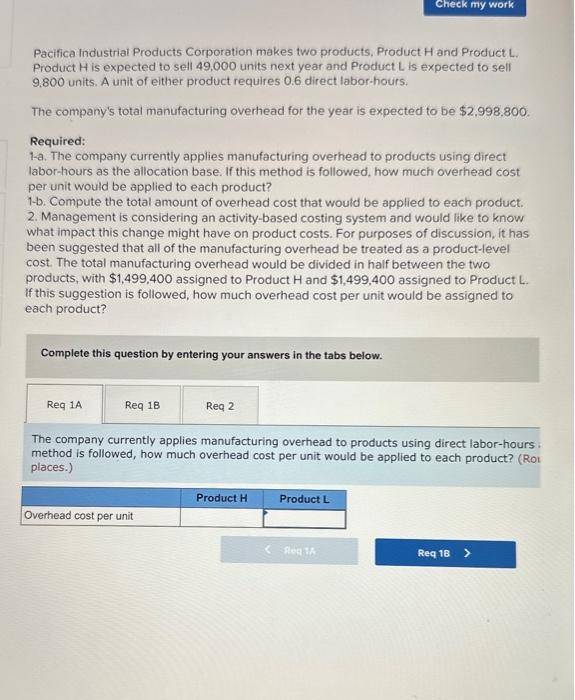 Solved Pacifica Industrial Products Corporation makes two