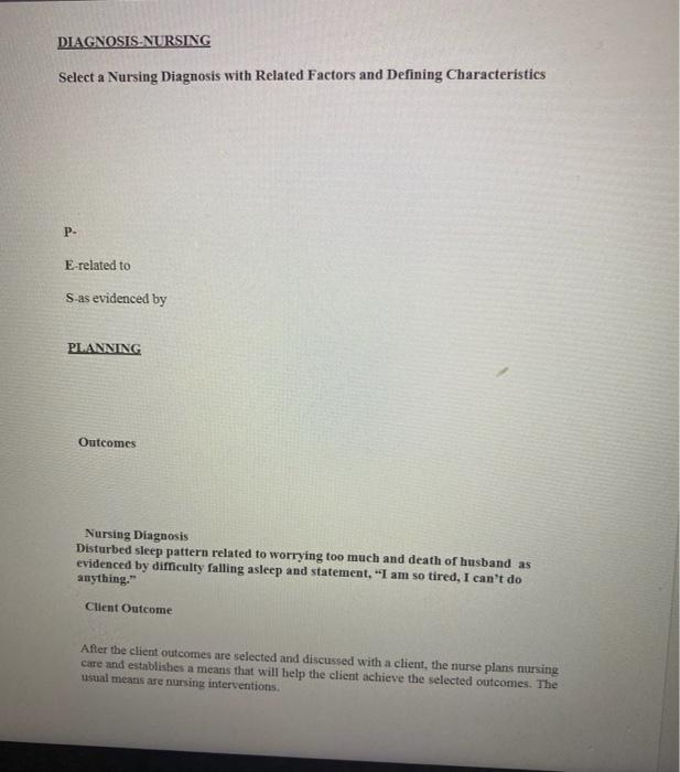 DIAGNOSIS.NURSING Select a Nursing Diagnosis with Related Factors and Defining Characteristics P- E-related to S as evidenced