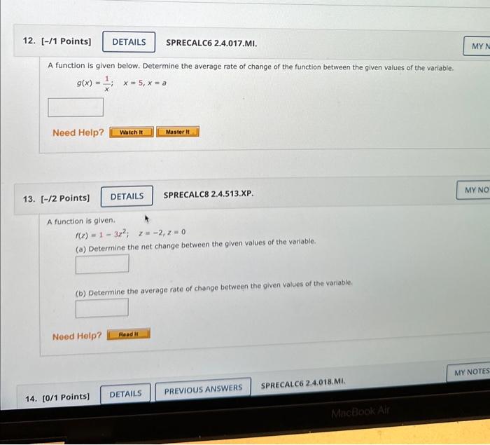 Solved A function is given below. Determine the average rate | Chegg.com