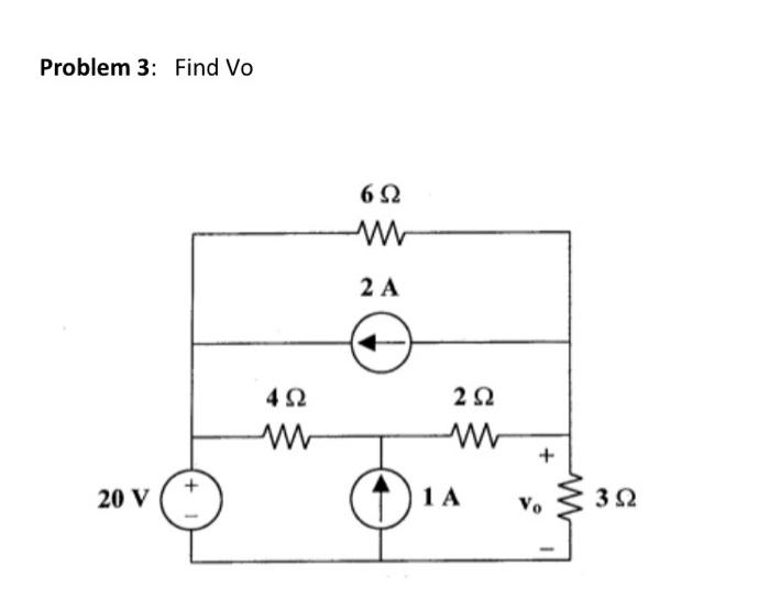 Solved Problem 3: Find Vo 6 Ω 2Α 4Ω 2Ω 20 V 1A Vo 3 Ω | Chegg.com