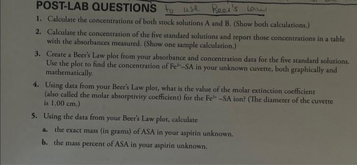 POST-LAB QUESTIONS to use 1. Calculate the | Chegg.com