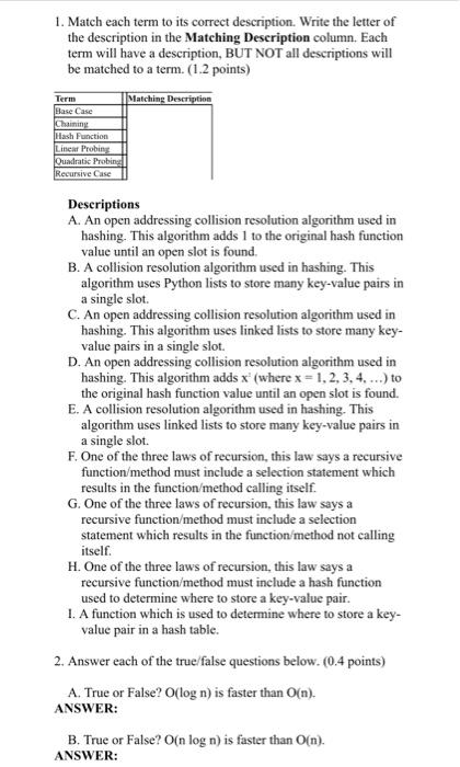 Solved 1. Match each term to its correct description. Write | Chegg.com