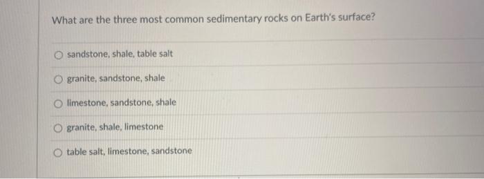 What are the three most common sedimentary rocks on Earths surface? O sandstone, shale, table salt granite, sandstone, shale