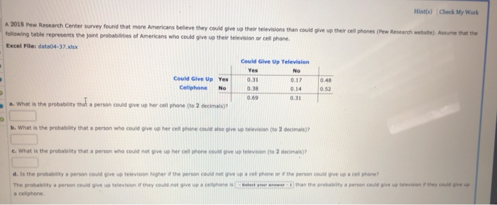 Solved Hint(s) Check My Work A 2018 Pew Research Center | Chegg.com