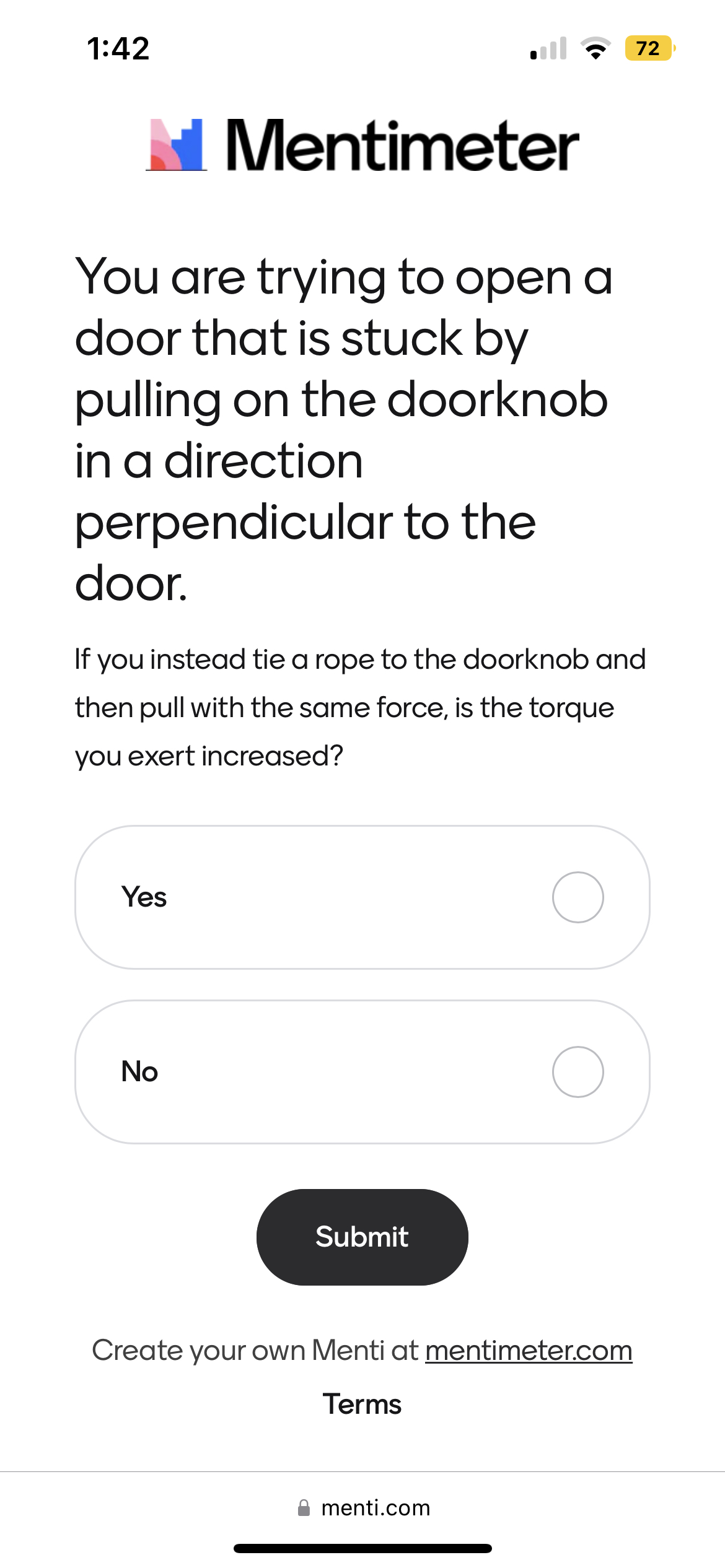 Solved 1:42. 1072MentimeterYou are trying to open a door | Chegg.com