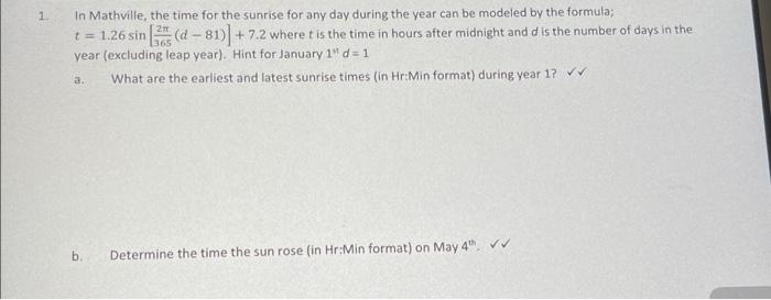 Solved 1. In Mathville, the time for the sunrise for any day | Chegg.com