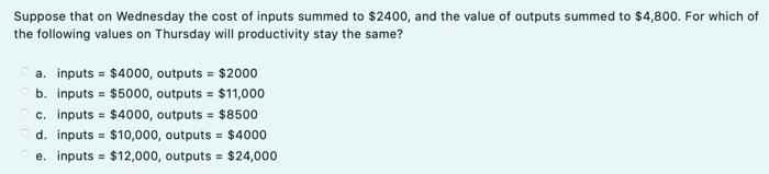 Solved Suppose that on Wednesday the cost of inputs summed | Chegg.com