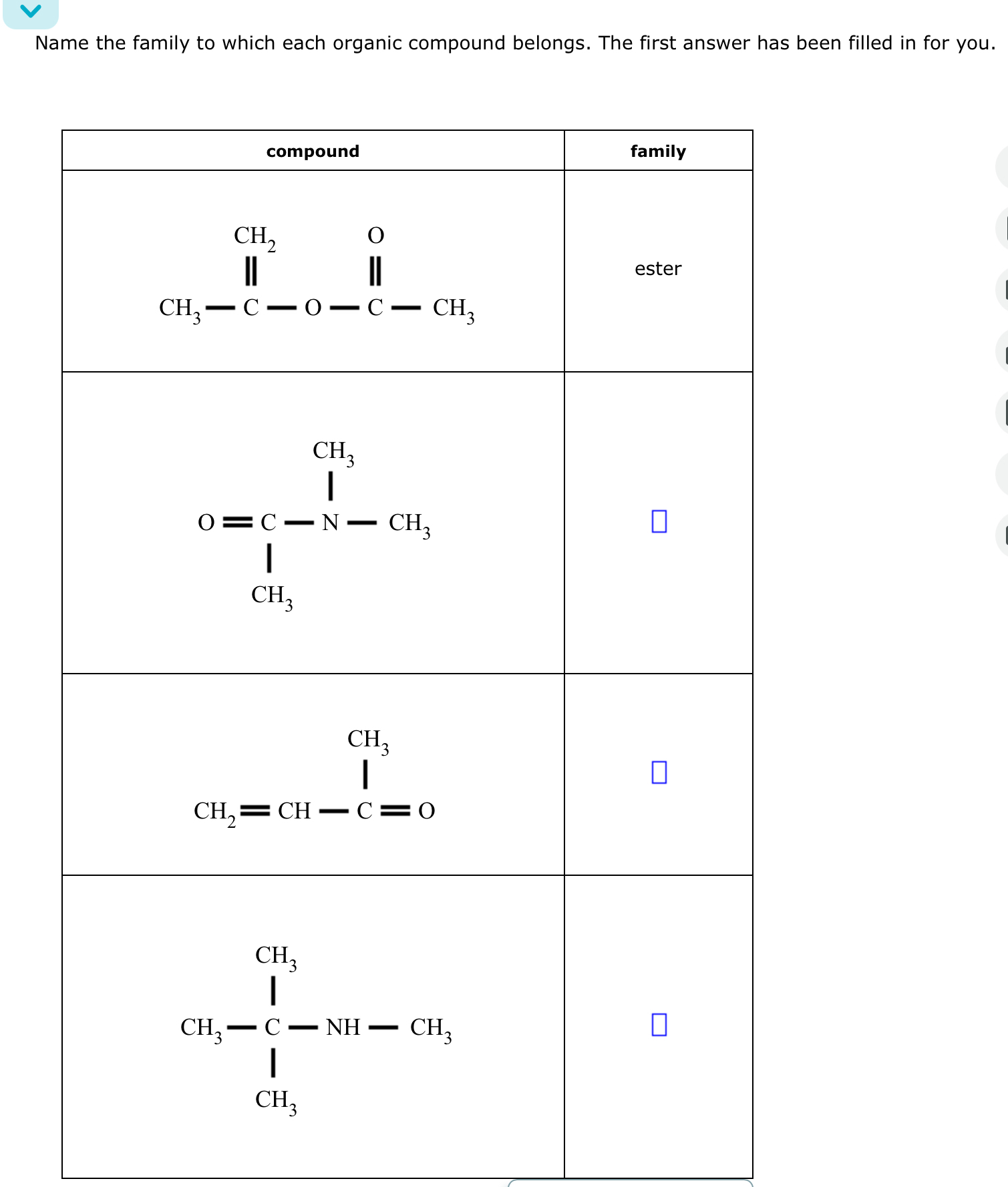 Solved Name the family to which each organic compound | Chegg.com