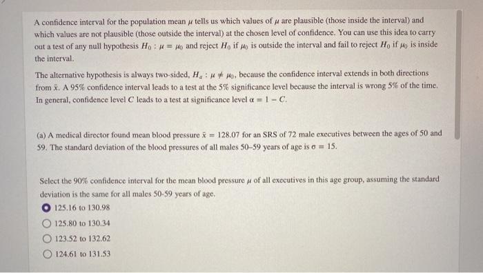 Solved A confidence interval for the population mean y tells | Chegg.com