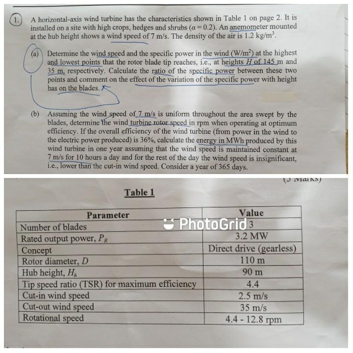Solved 1. A horizontal-axis wind turbine has the | Chegg.com