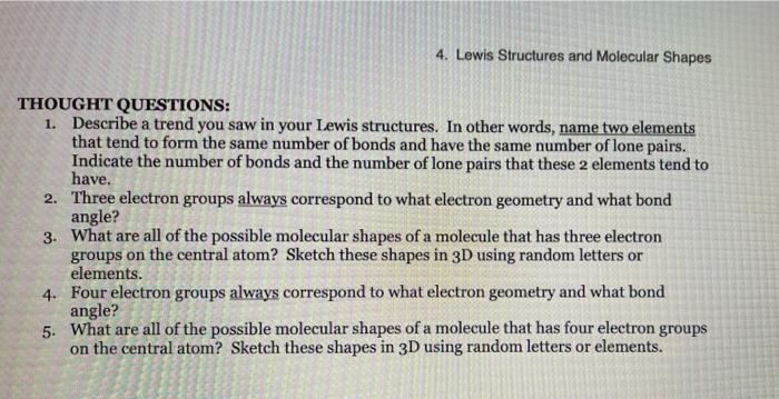 Solved 4. Lewis Structures and Molecular Shapes THOUGHT | Chegg.com