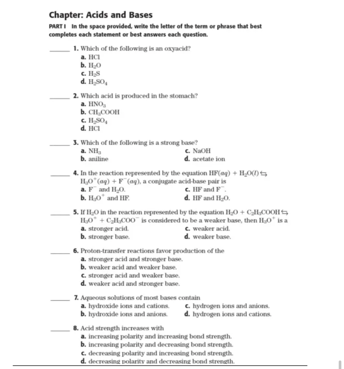 Solved Chapter: Acids And Basespart I In The Space Provided, 