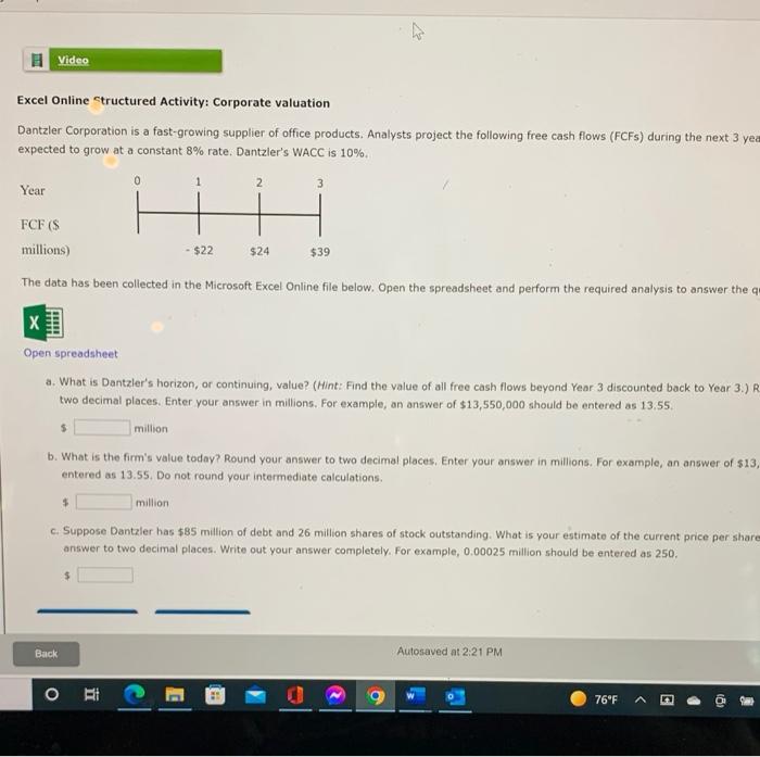 Solved - Video Excel Online Structured Activity: Corporate | Chegg.com