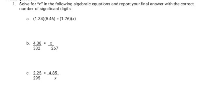 Solved 1. Solve for "x" in the following algebraic equations | Chegg.com