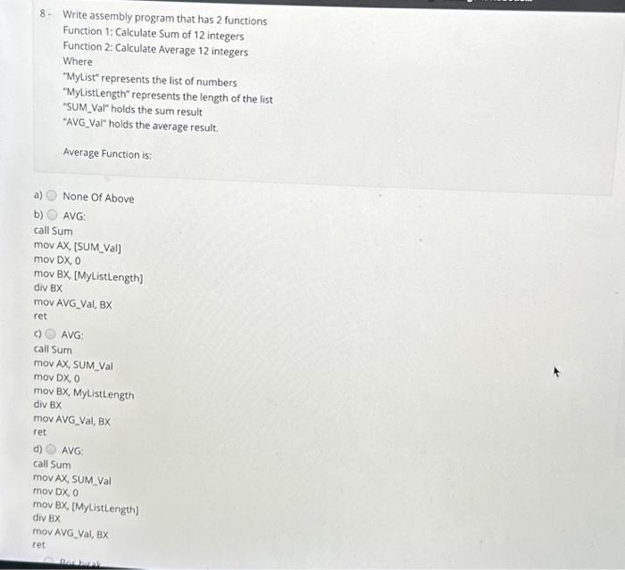 Solved 8 Write Assembly Program That Has 2 Functions