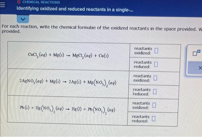 Solved O CHEMICAL REACTIONS Identifying oxidized and reduced | Chegg.com