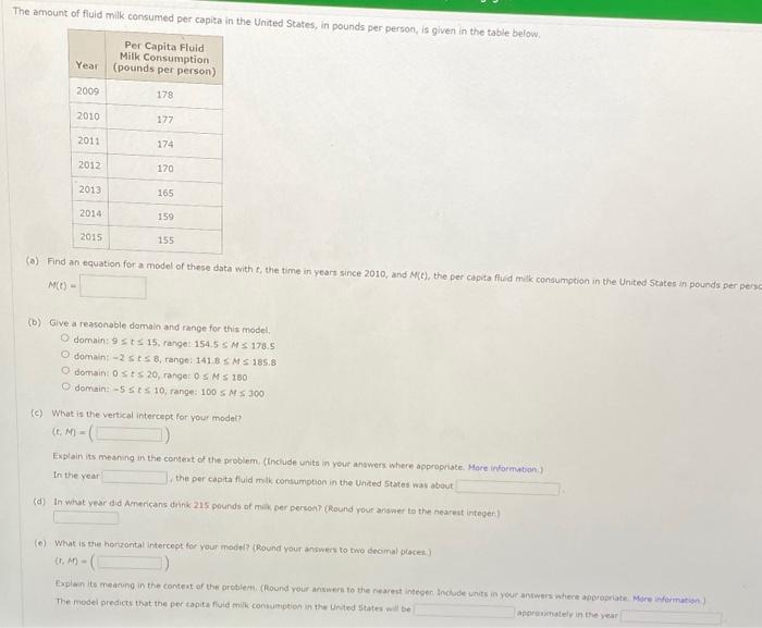 Solved The amount of fluid milk consumed per capita in the | Chegg.com