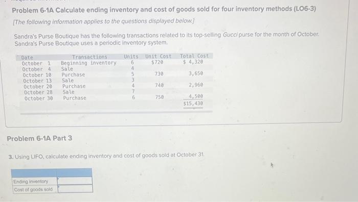 Solved Problem 6-1A Calculate Ending Inventory And Cost Of | Chegg.com