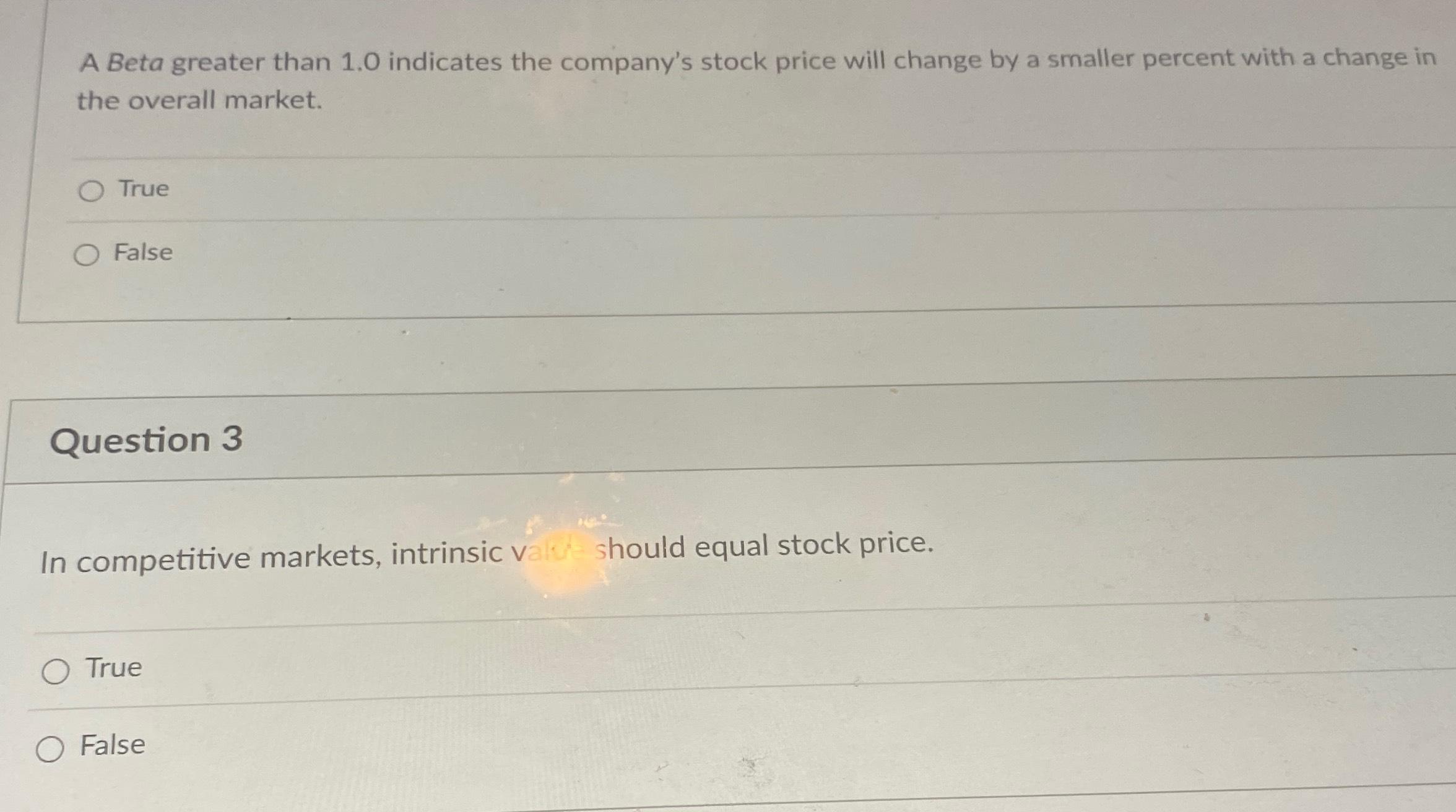 Solved A Beta greater than 1.0 ﻿indicates the company's
