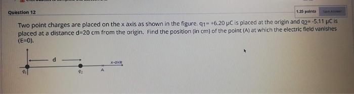 Solved Question 12 1.25 points Two point charges are placed | Chegg.com
