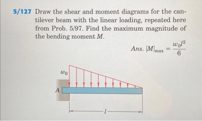/127 Draw the shear and moment diagrams for the cantilever beam with the linear loading, repeated here from Prob. 5/97. Find