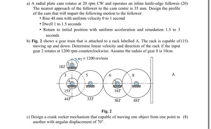 Solved a) A radial plate cam rotates at 20rpmCW and operates | Chegg.com