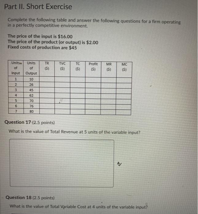 Solved Part II. Short Exercise Complete the following table | Chegg.com