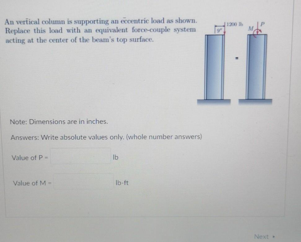 Solved 1200 lb An vertical column is supporting an eccentric | Chegg.com