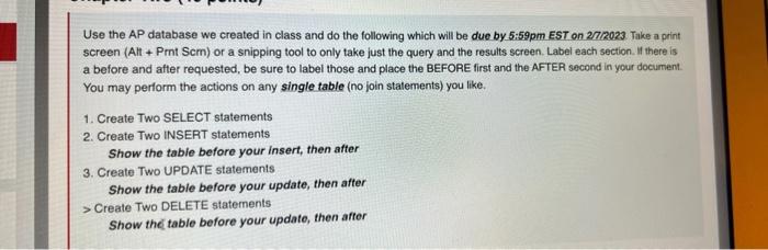 Solved Use the AP database we created in class and do the | Chegg.com