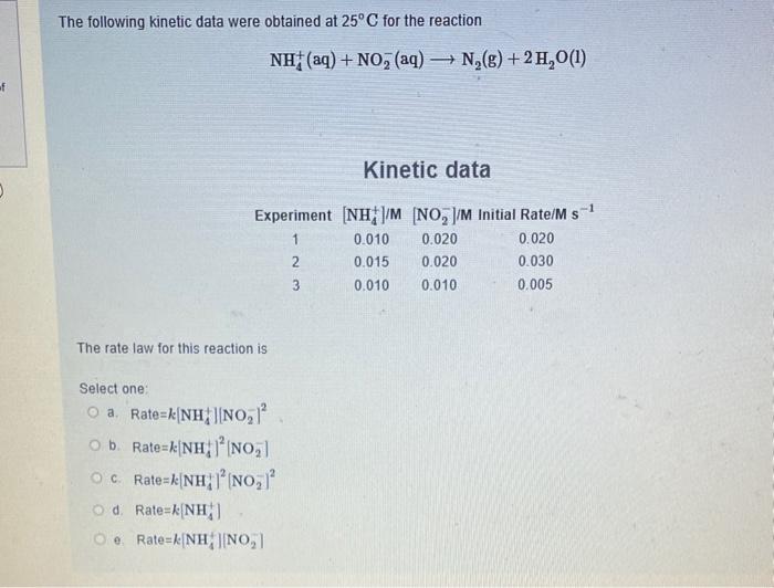 Solved The Following Kinetic Data Were Obtained At 25∘C For | Chegg.com