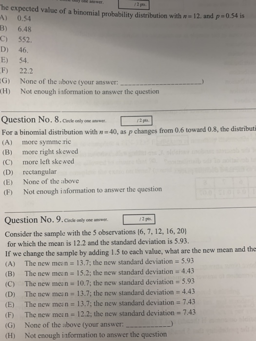 Solved Y Lle Answer 12 Per He Expected Value Of A Binomi Chegg Com