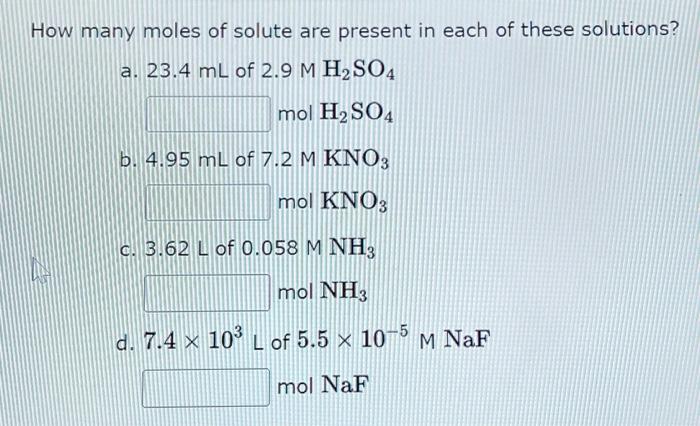 Solved how many moles of solute are present in each of these | Chegg.com