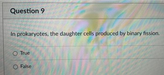Question 9 In prokaryotes, the daughter cells produced by binary fission. O True O False