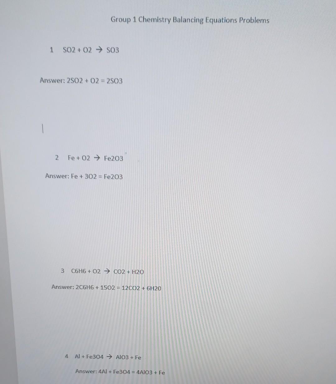 Solved Group 1 Chemistry Balancing Equations Problems | Chegg.com