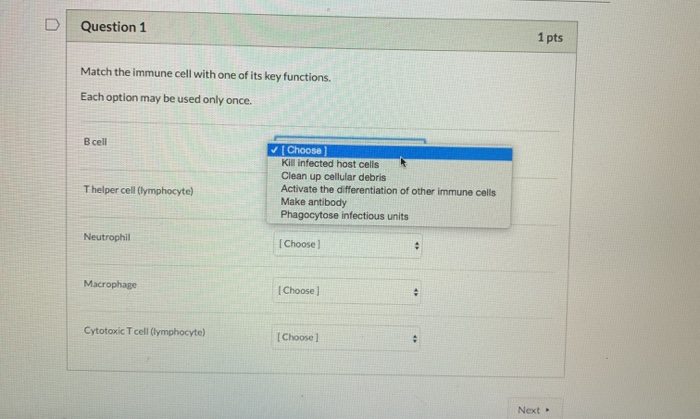 Solved Question 1 1 pts Match the immune cell with one of | Chegg.com