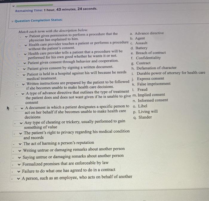 Remaining Time: 1 hour, 43 minutes, 24 seconds. Question Completion Status: Match each term with the description below. Patie