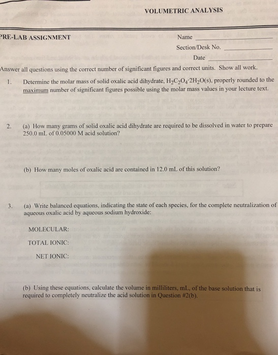 Solved VOLUMETRIC ANALYSIS PRELAB ASSIGNMENT Name