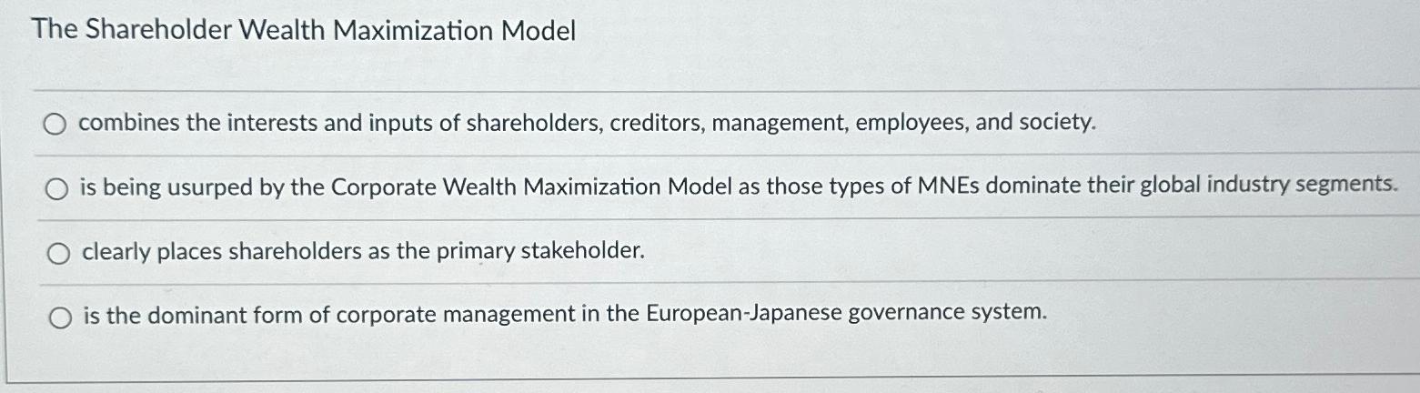 Solved The Shareholder Wealth Maximization Modelcombines the | Chegg.com
