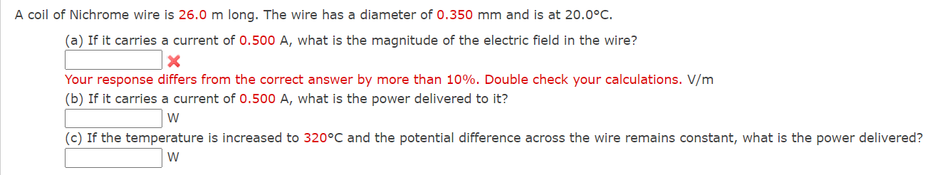 Solved A coil of Nichrome wire is 26.0m ﻿long. The wire has | Chegg.com