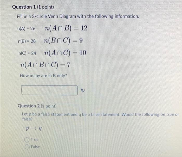 Solved Question 1 1 Point Fill In A 3 Circle Venn Diagram 7504