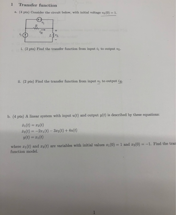 Solved 1 Transfer function a. (4 pts) Consider the circuit | Chegg.com