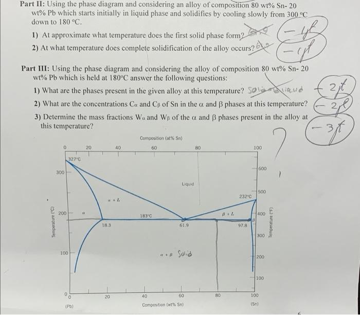 Part II: Using the phase diagram and considering an alloy of composition \( 80 \mathrm{wt} \% \) Sn- 20 wt \( \% \mathrm{~Pb}