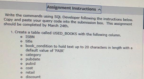 Solved Assignment Instructions Write the commands using SQL | Chegg.com