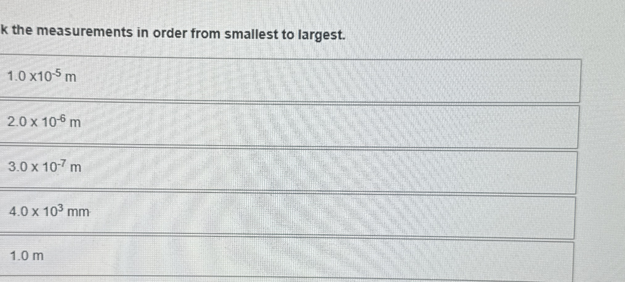 Solved rank the measurements in order from smallest to | Chegg.com