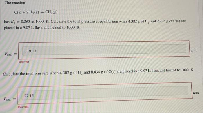 Solved The reaction C(s) + 2 H2(g) = CH.(g) has K = 0.263 at | Chegg.com