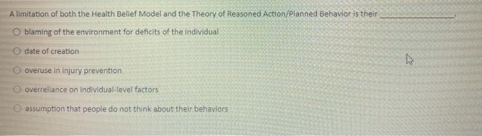 A limitation of both the Health Belief Model and the Theory of Reasoned Action/Planned Behavior is their O blaming of the env